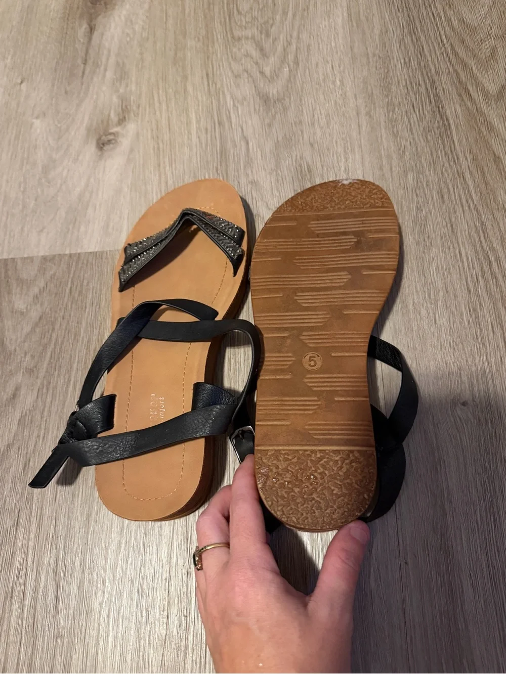 Women's Black Strappy Sandals with Tan Footbed